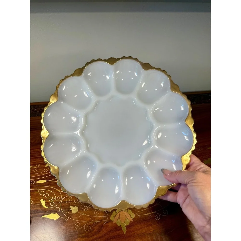Vintage Milk Glass Deviled Egg Platter • Scalloped Gold Trim Serving Tray
